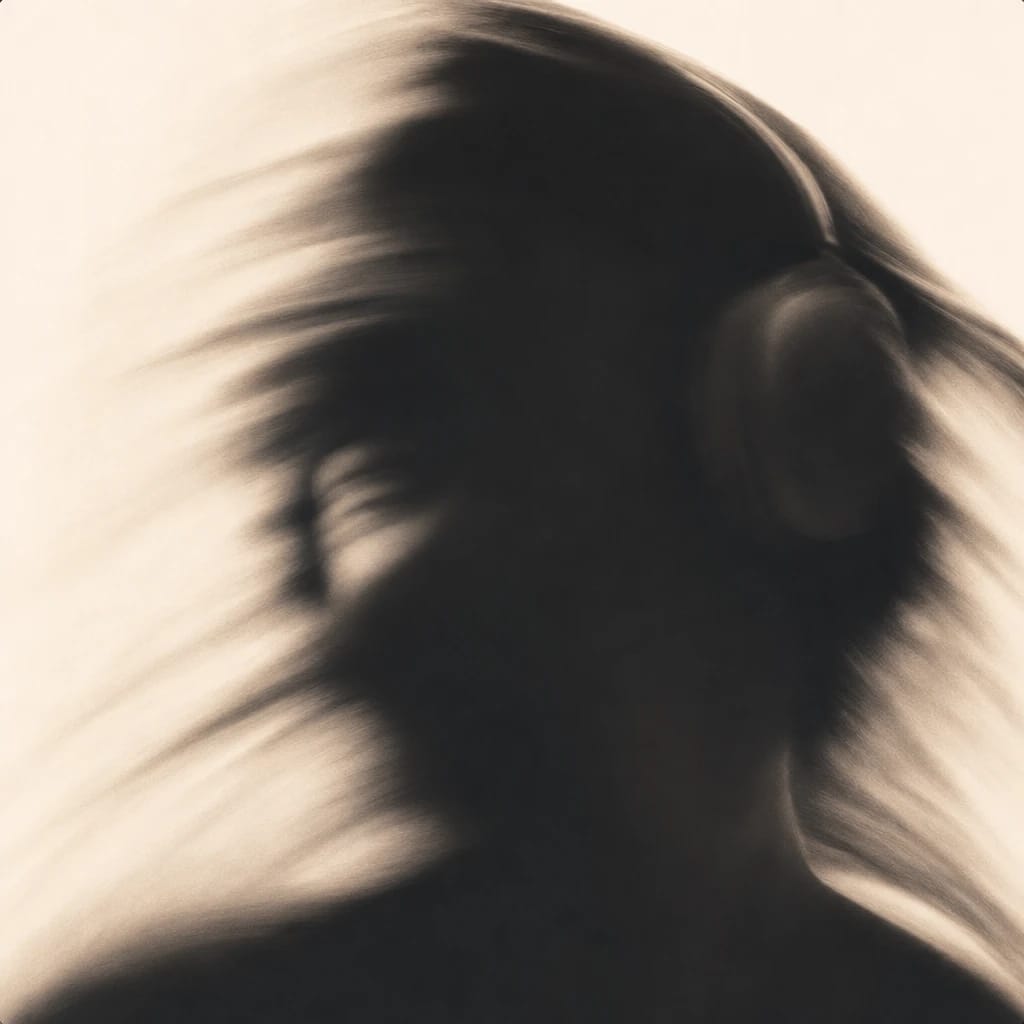 Stylized scene featuring smiling woman with headphones, rendered in off-white and orange