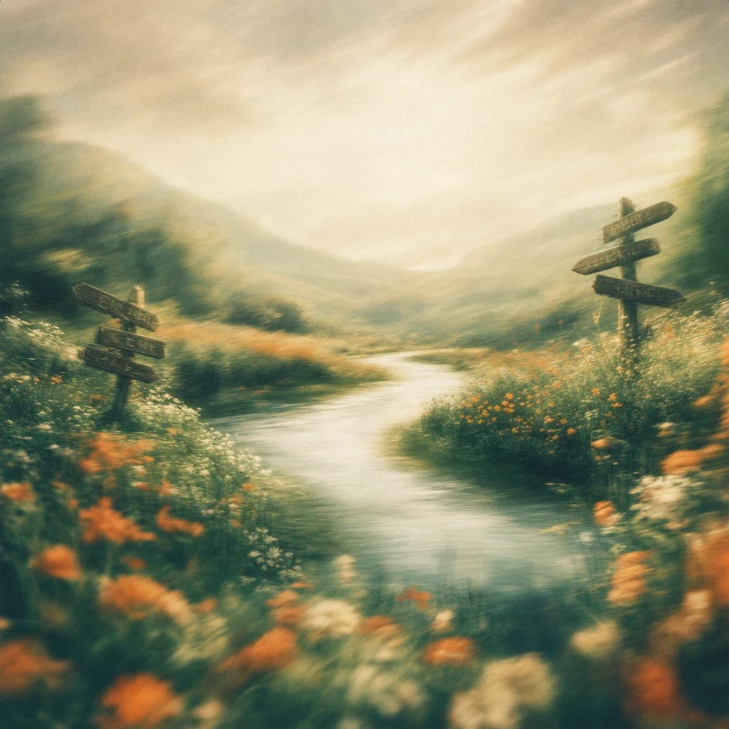Stylized scene featuring a winding river bordered by diverse wildflowers and lush greenery, with multilingual signposts emerging from the banks, rendered in deep forest green, off-white, and warm orange