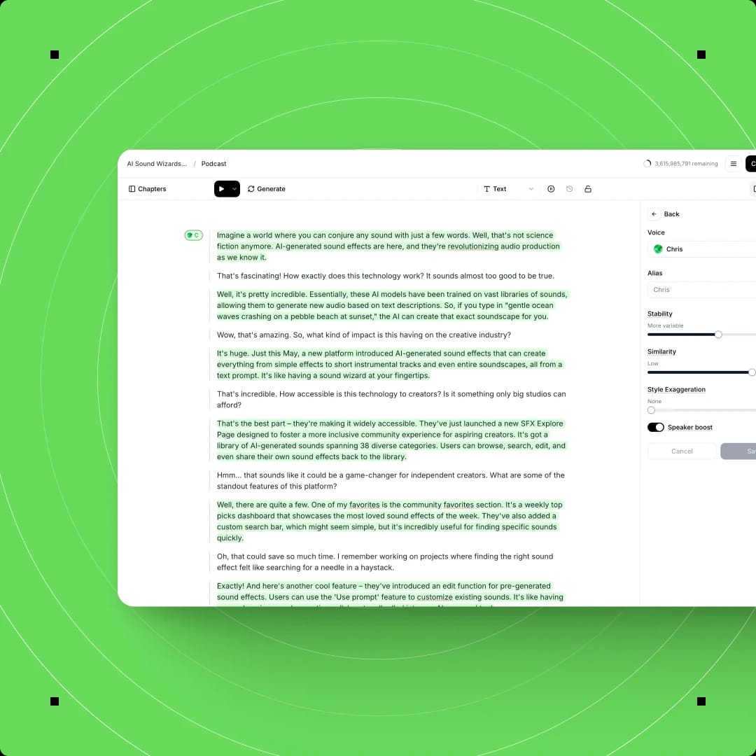 Screenshot of a text editing interface with highlighted text discussing AI sound effects and a green background with concentric circles.
