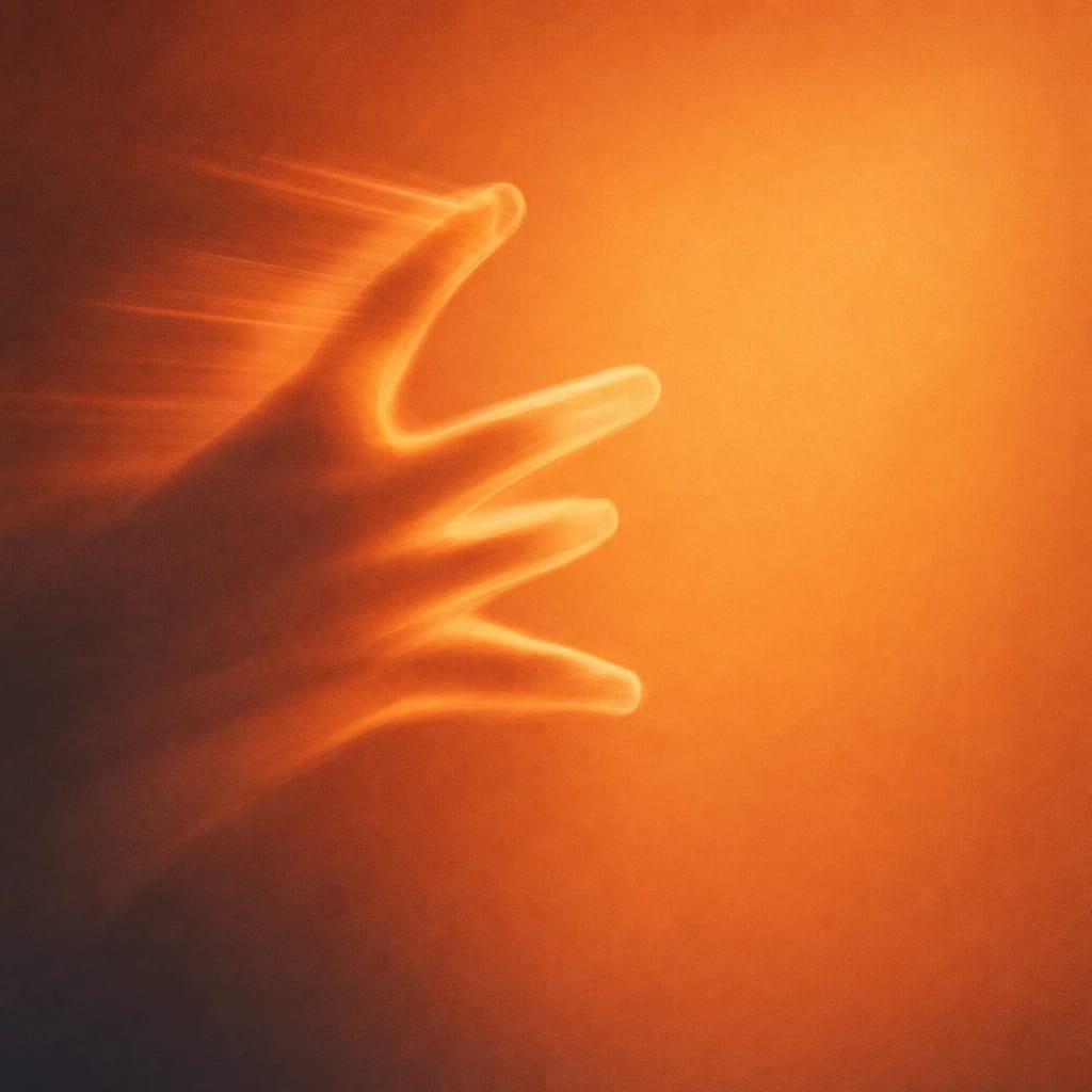Stylized scene featuring dynamic light burst forming the shape of an outstretched hand, rendered in burnt orange #C94A18