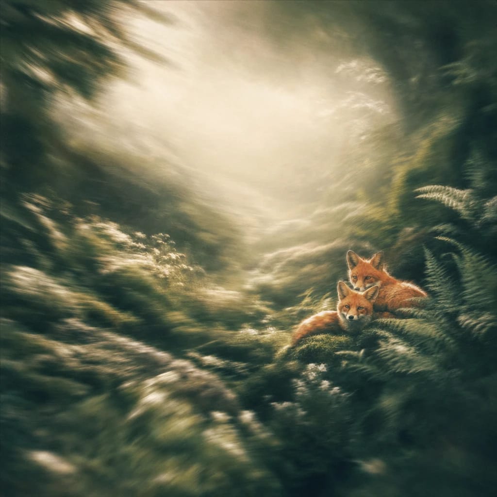 Stylized scene featuring a pair of foxes nestled alertly among sun-dappled ferns and mossy stones in a shaded forest clearing, rendered in deep forest green, off-white, and warm orange