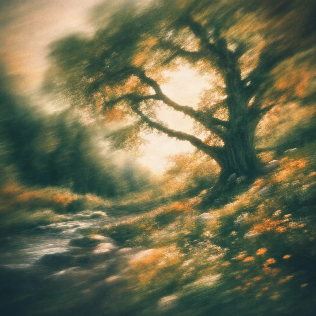Stylized scene featuring a towering oak tree with bold, angular branches amid sun-dappled forest floor, rendered in deep forest green, off-white, and warm orange