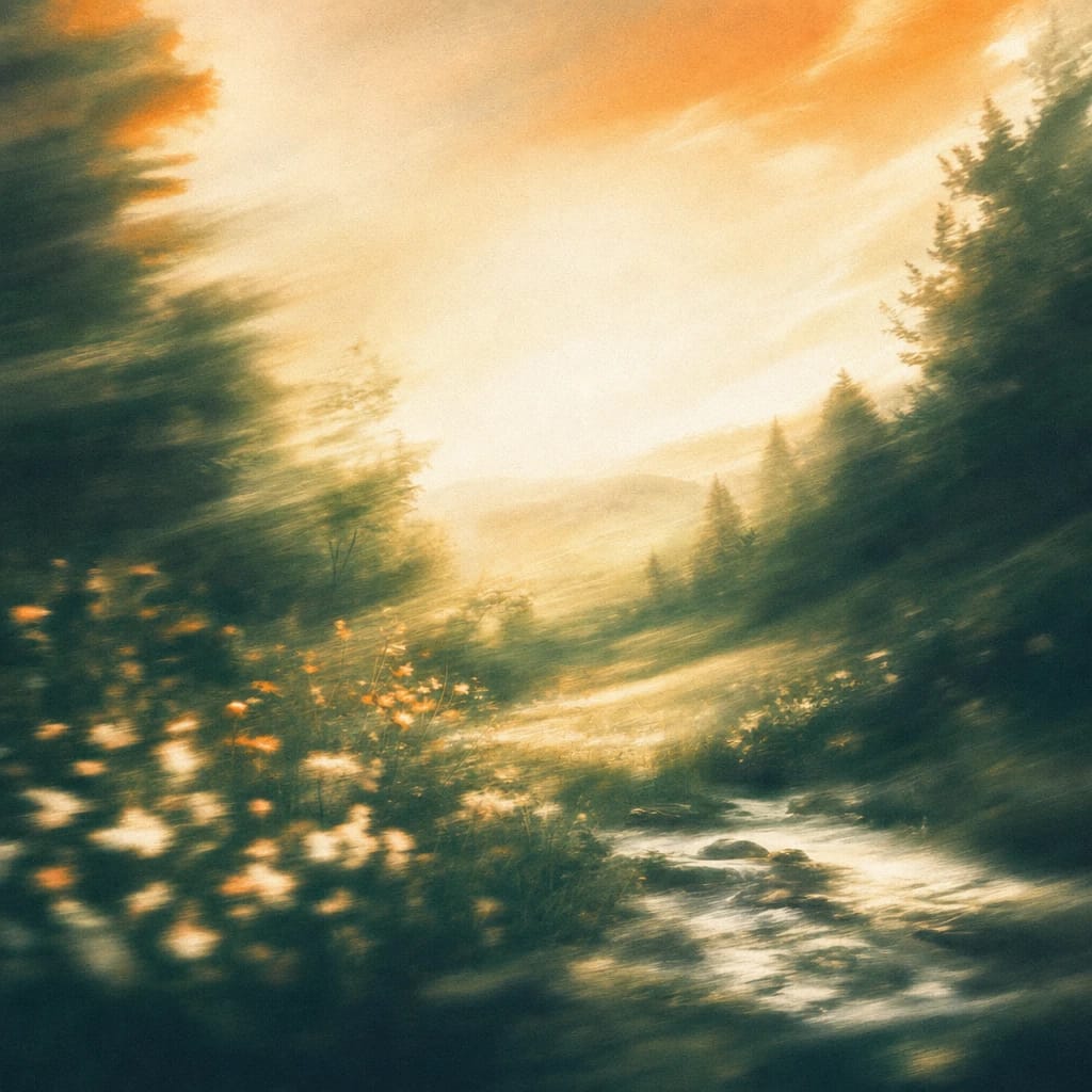 Stylized scene featuring sun-dappled forest clearing with fresh green saplings and wildflowers under bright sky, rendered in deep forest green, off-white, and warm orange