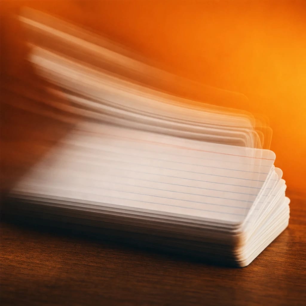 Stylized scene featuring a stack of cue cards on a desk under warm studio lights, rendered in off-white, gray