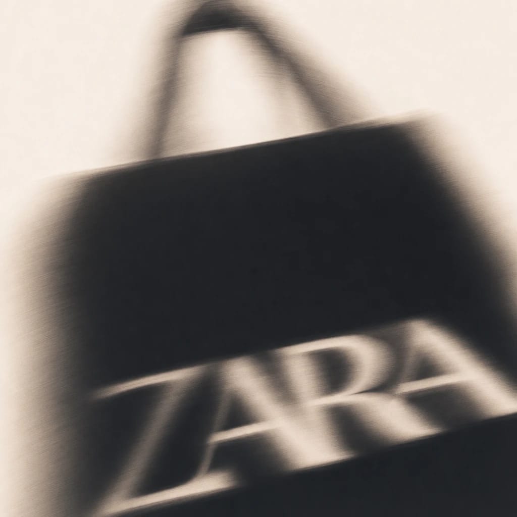 Stylized scene featuring shopping bag with bold store logo, rendered in off-white, deep green