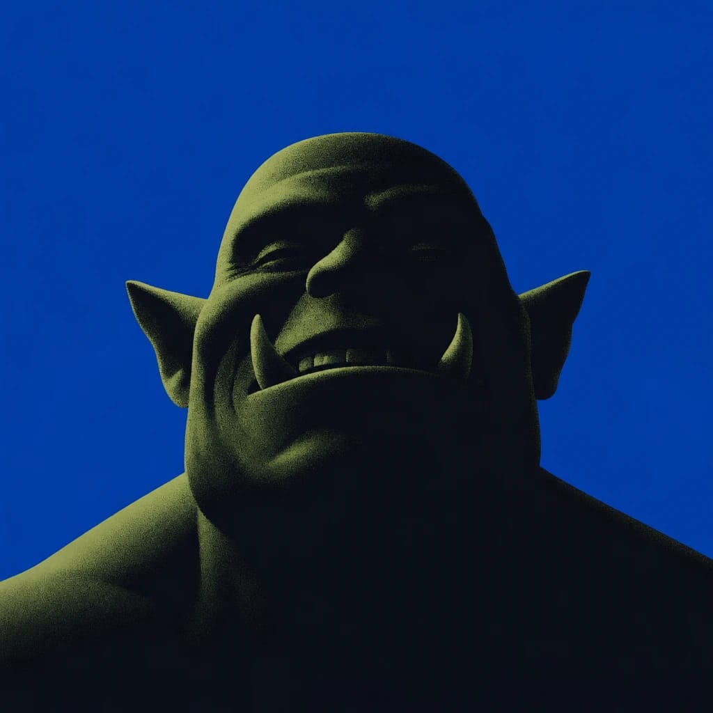 Stylized scene featuring grinning green ogre with tusks, rendered in #004CB6