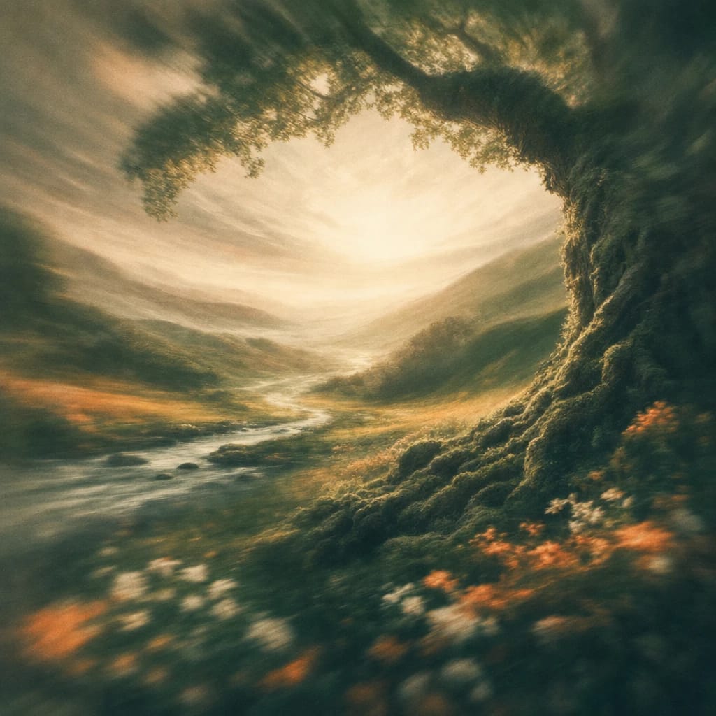 Stylized scene featuring gnarled oak tree with twisting roots amidst mossy forest floor and dappled sunlight, rendered in deep forest green, off-white, and warm orange