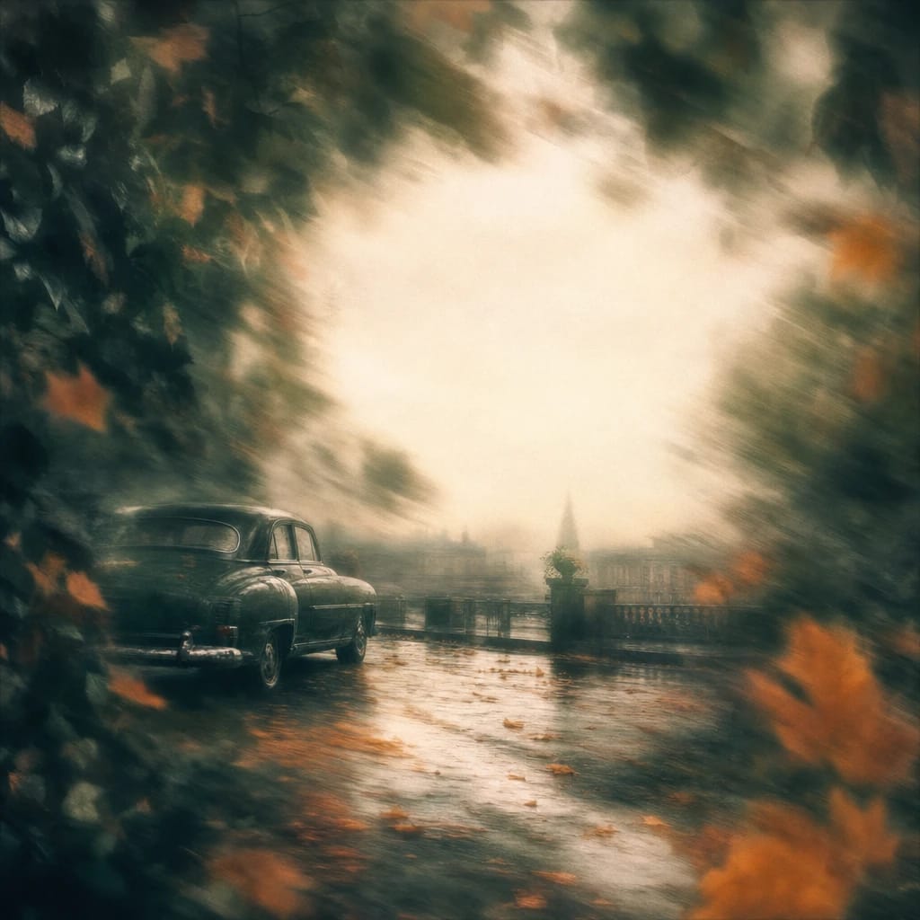 Stylized scene featuring an old vintage car parked on a rain-damp city street, framed by dark ivy and scattered autumn leaves, rendered in deep forest green, off-white, and warm orange
