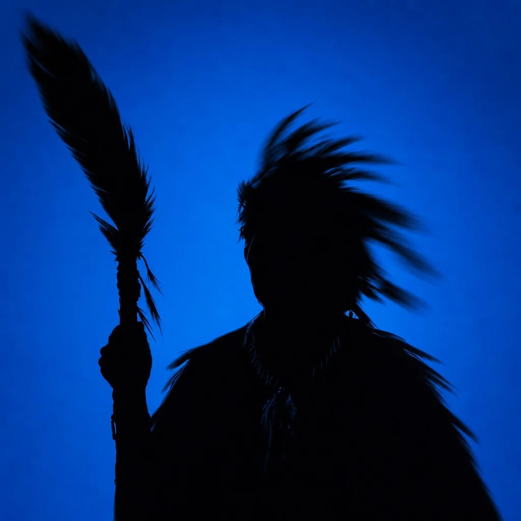 Stylized scene featuring mystical shaman with feathered staff, rendered in #004CB6