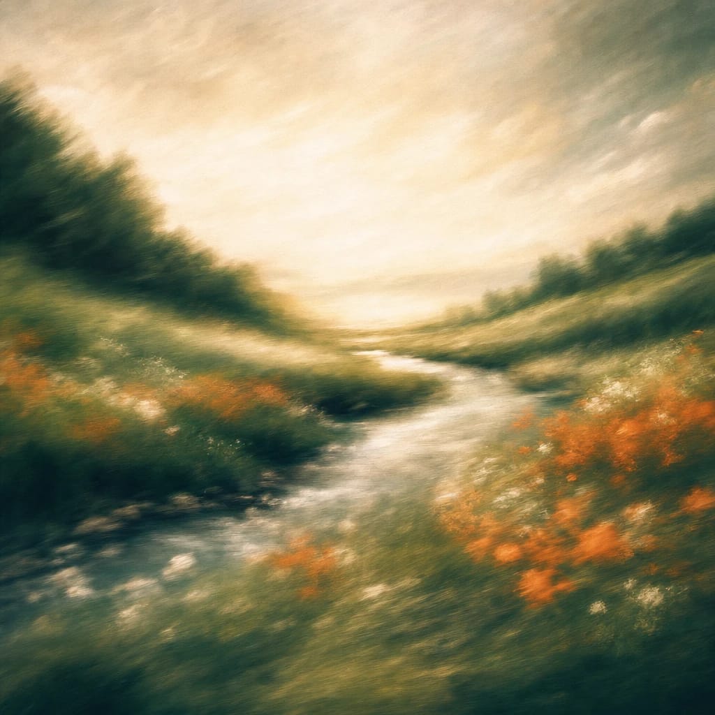 Stylized scene featuring wildflowers and soft grasses flourishing along a gently winding stream under open sky, rendered in deep forest green, off-white, and warm orange