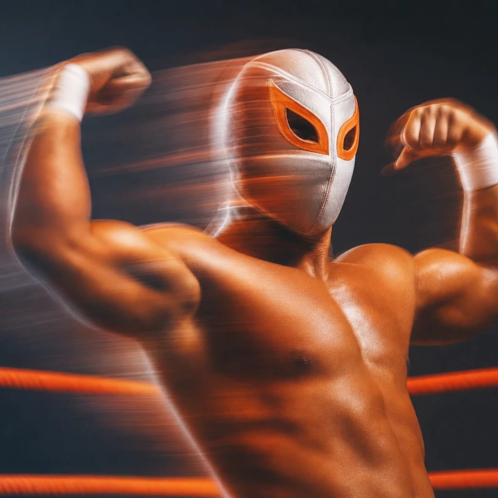Stylized scene featuring a muscular masked wrestler flexing in a wrestling ring, rendered in deep green, gray