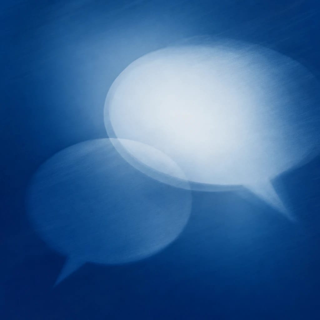Stylized scene featuring two overlapping speech bubbles with soft gradient edges, rendered in deep cobalt #173E8F