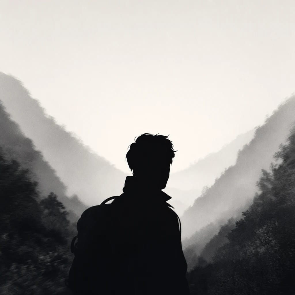 Stylized scene featuring animated hiker standing in a lush valley, rendered in #D7D5D5