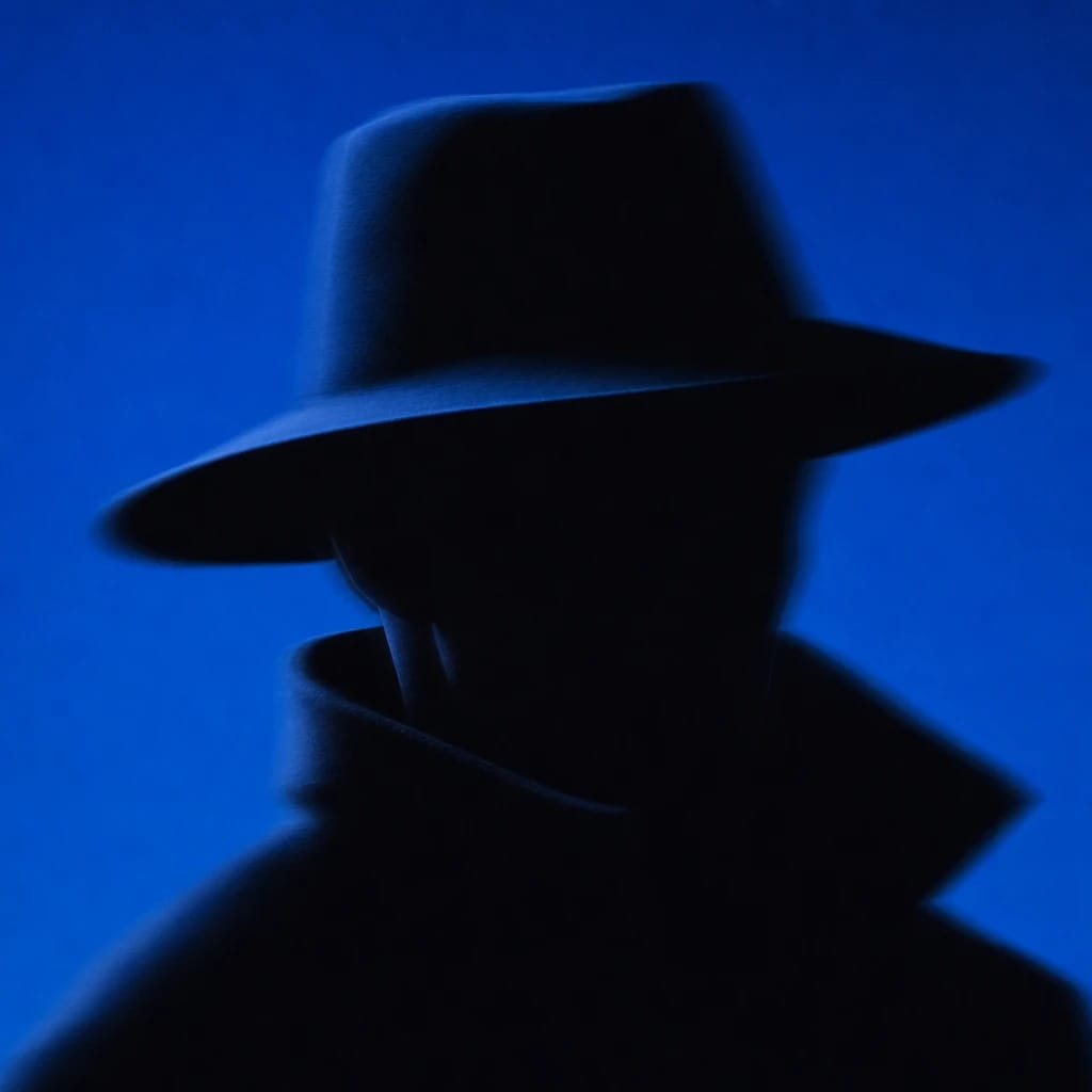 Stylized scene featuring mysterious figure in a dark cloak, rendered in #004CB6