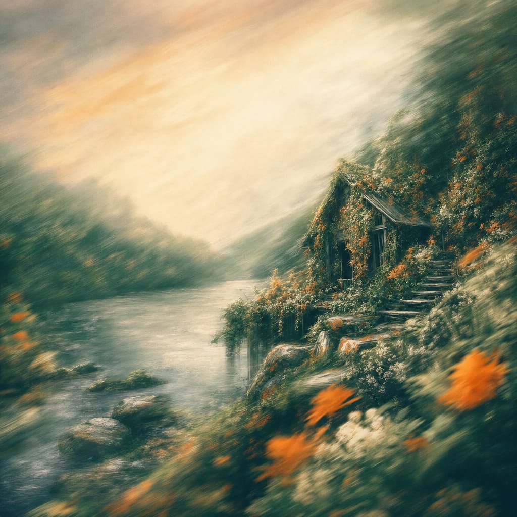 Stylized scene featuring an overgrown riverside cabin draped in wildflowers, vibrant climbing vines, and paint-splattered stones, rendered in deep forest green, off-white, and warm orange