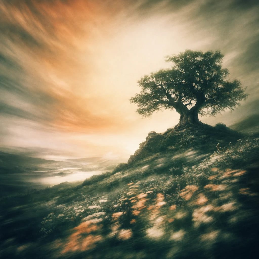 Stylized scene featuring a lone, ancient oak tree standing atop a rugged hill, silhouetted against a dramatic sky, rendered in deep forest green, off-white, and warm orange