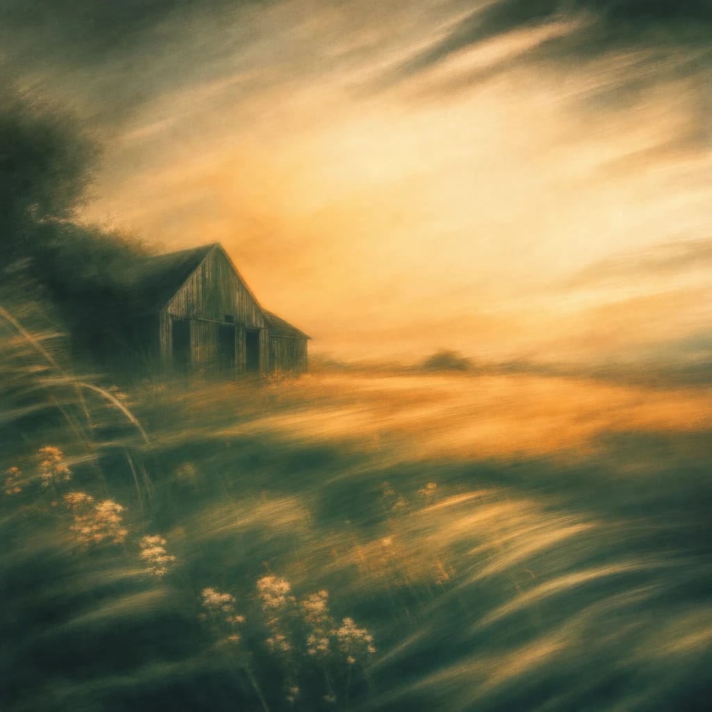 Stylized scene featuring a weathered wooden barn surrounded by golden crops and tall green grasses under an early morning sky, rendered in deep forest green, off-white, and warm orange