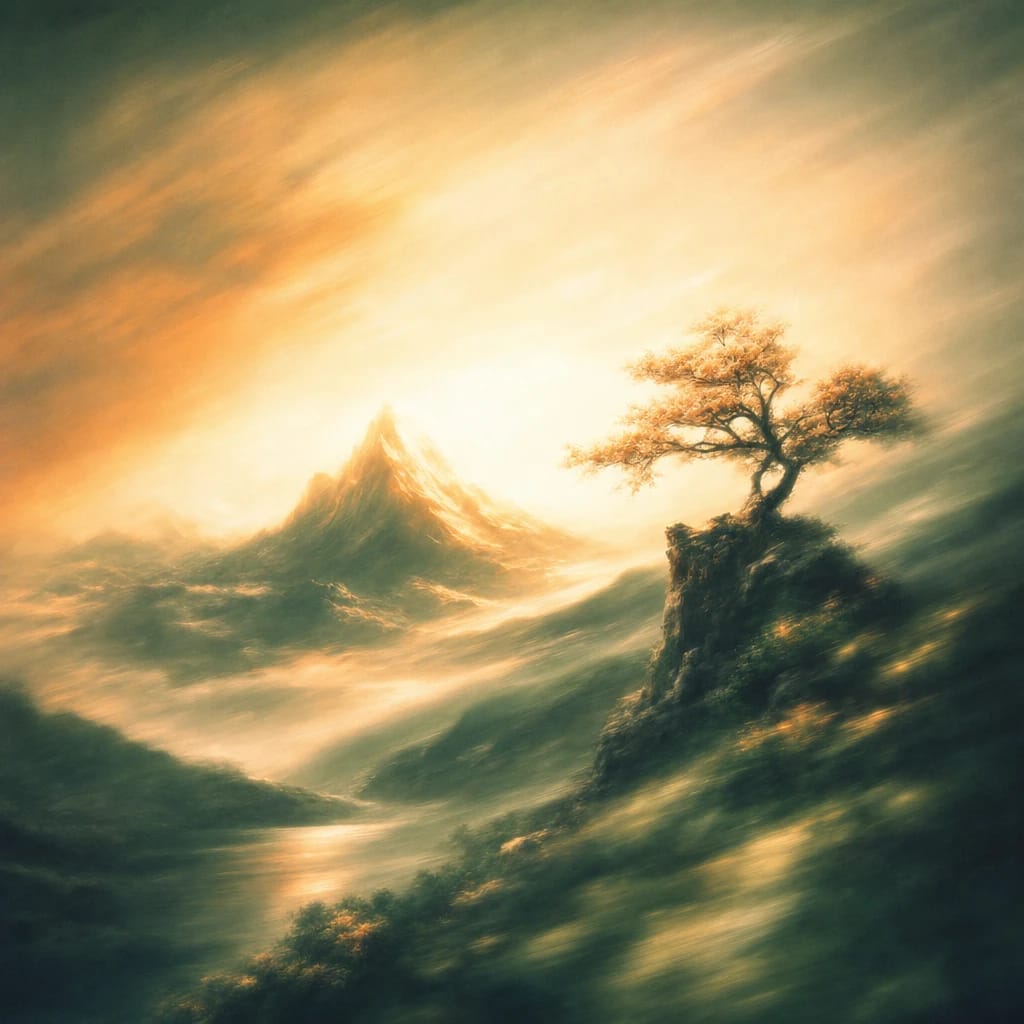 Stylized scene featuring a sunlit mountain peak with a single flowering tree growing from a rocky outcrop, rendered in deep forest green, off-white, and warm orange
