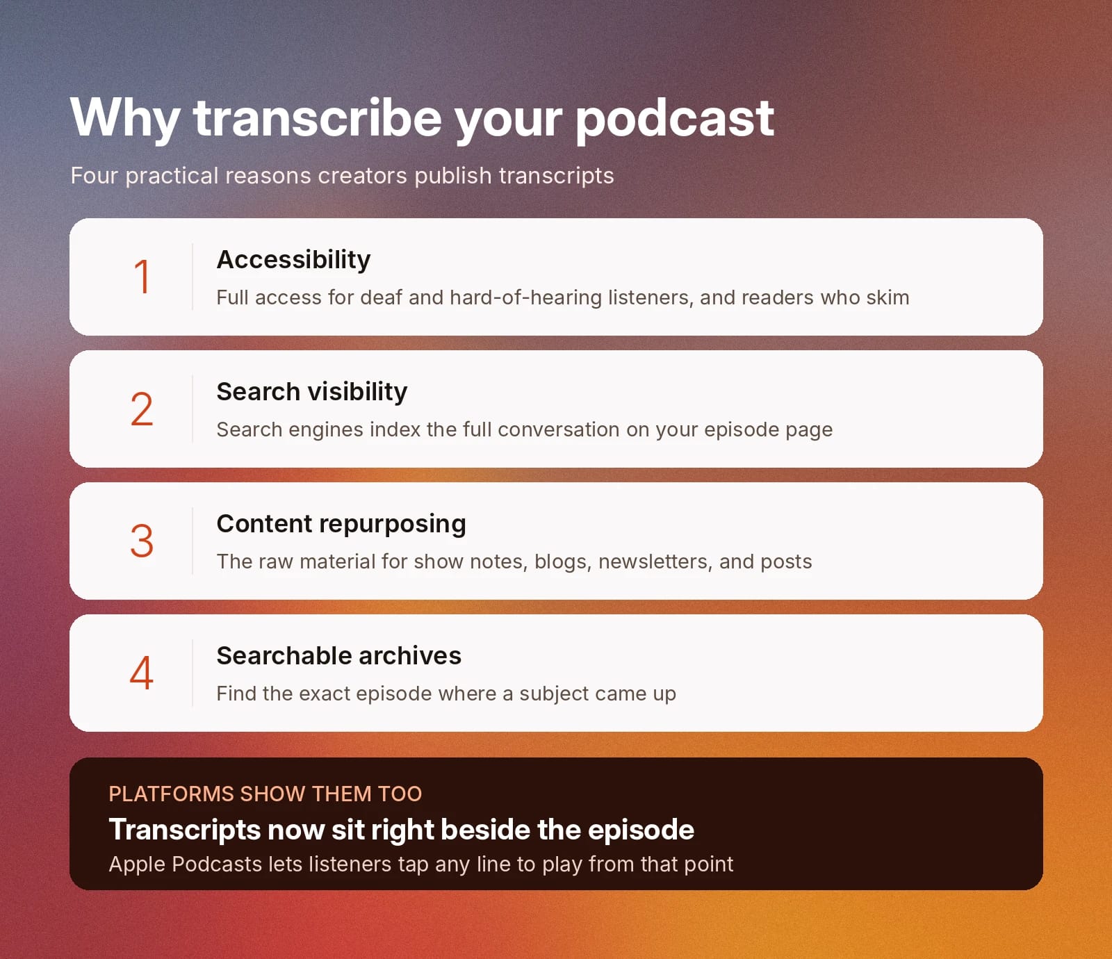 Four benefits of podcast transcripts: accessibility, search, repurposing, and archives.