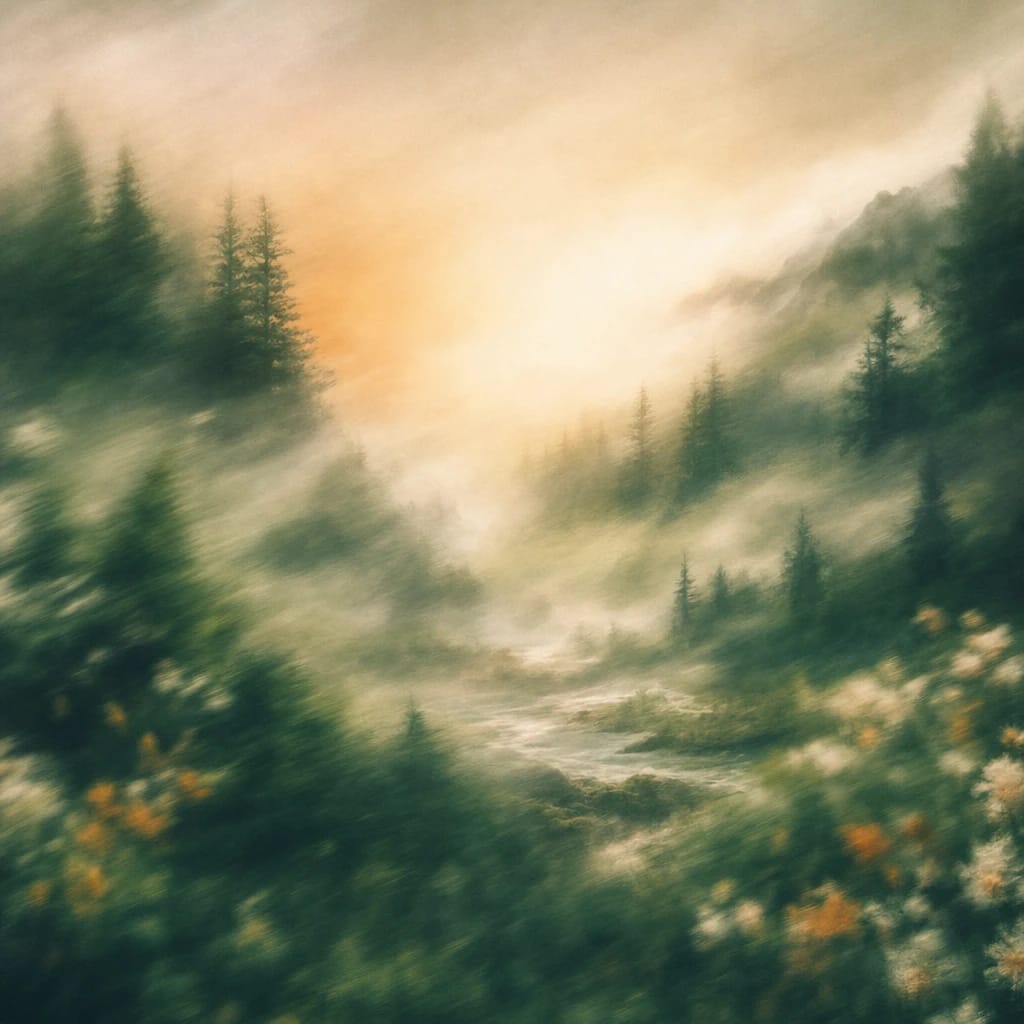 Stylized scene featuring gentle morning mist softly drifting through dense pine forest foliage, rendered in deep forest green, off-white, and warm orange