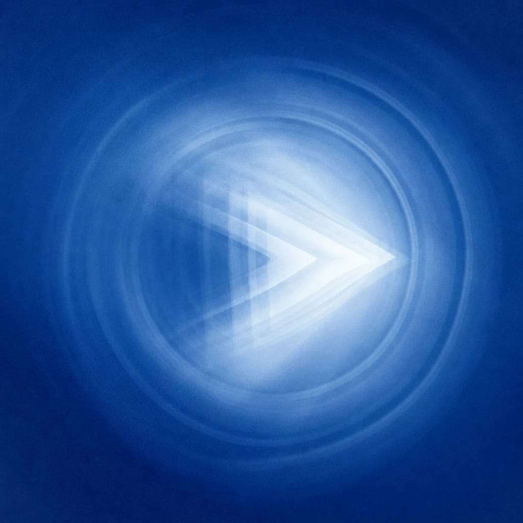 Stylized scene featuring a play-button motif emerging from blurred concentric circles, rendered in deep cobalt #173E8F
