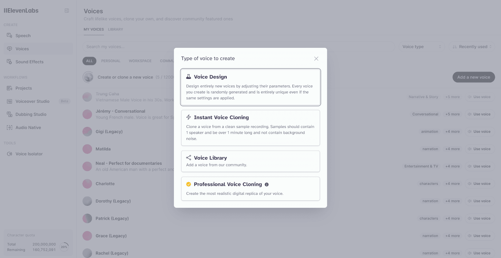 A pop-up window showing options for creating different types of voices, including Voice Design, Instant Voice Cloning, Voice Library, and Professional Voice Cloning.