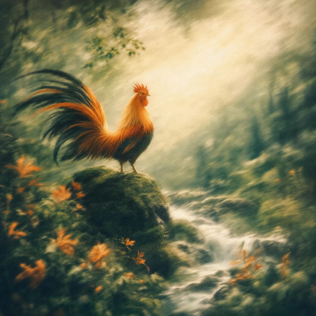 Stylized scene featuring a bold rooster perched atop a mossy rock in sun-dappled forest foliage, tail feathers spread proudly, rendered in deep forest green, off-white, and warm orange