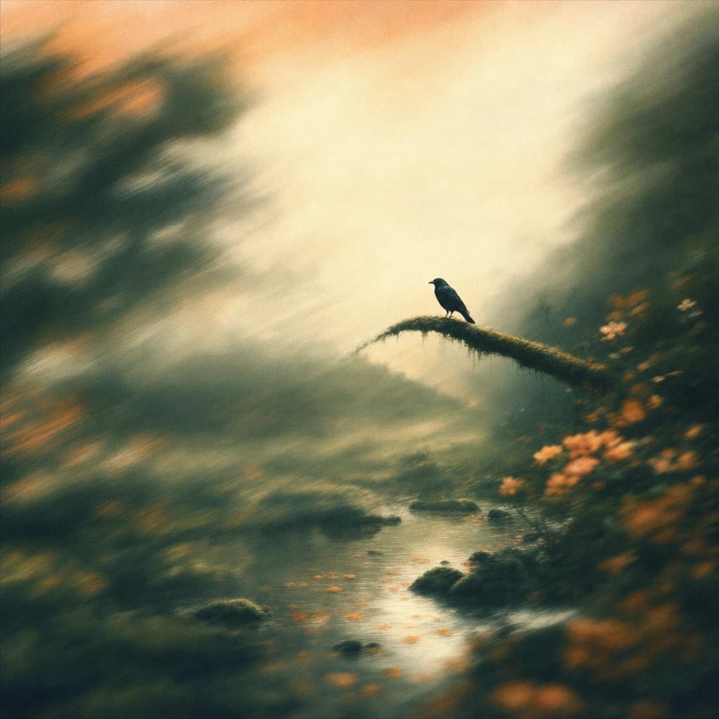 Stylized scene featuring a solitary crow perched on a mossy branch over calm, leaf-strewn water, rendered in deep forest green, off-white, and warm orange