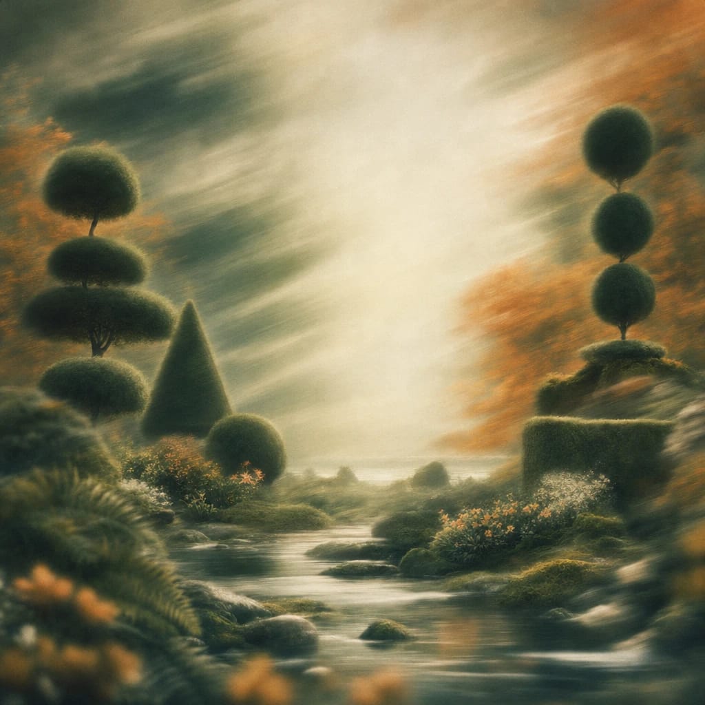 Stylized scene featuring artificially sculpted topiary trees with geometric shapes surrounded by natural moss and ferns, rendered in deep forest green, off-white, and warm orange