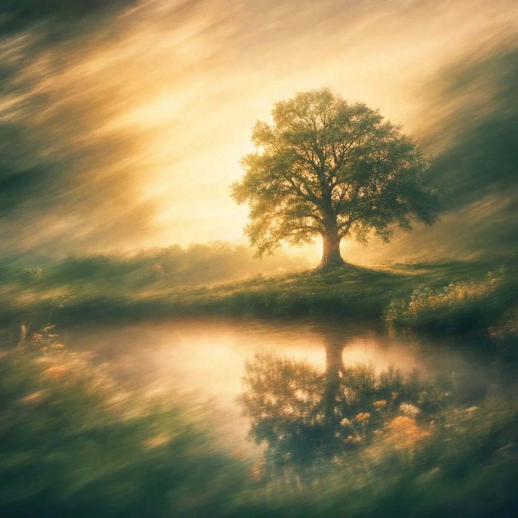 Stylized scene featuring a lone, towering oak tree reflecting in a tranquil forest pond, basked in warm morning light, rendered in deep forest green, off-white, and warm orange