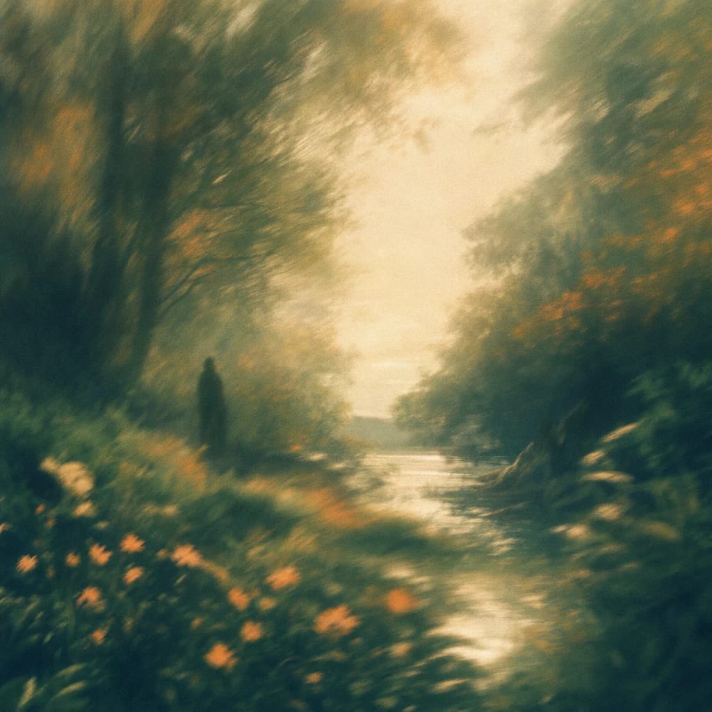 Stylized scene featuring a shadowy figure among dense, overgrown forest foliage with dappled sunlight, rendered in deep forest green, off-white, and warm orange