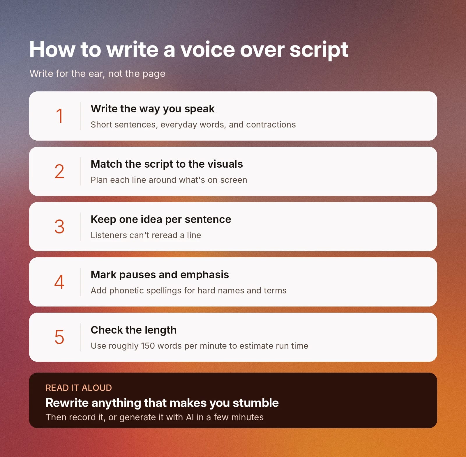 Infographic: five tips for writing a voice-over script, from natural speech to timing.