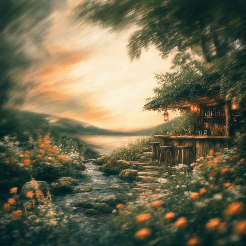 Stylized scene featuring a rustic wooden bar nestled beneath leafy trees, surrounded by wildflowers and mossy stones, rendered in deep forest green, off-white, and warm orange