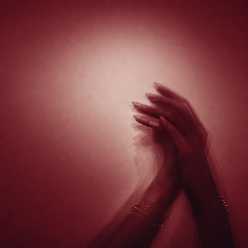 Stylized scene featuring cropped silhouette of two clasped hands with manicured nails and layered bracelets, rendered in burgundy #7A1F2B