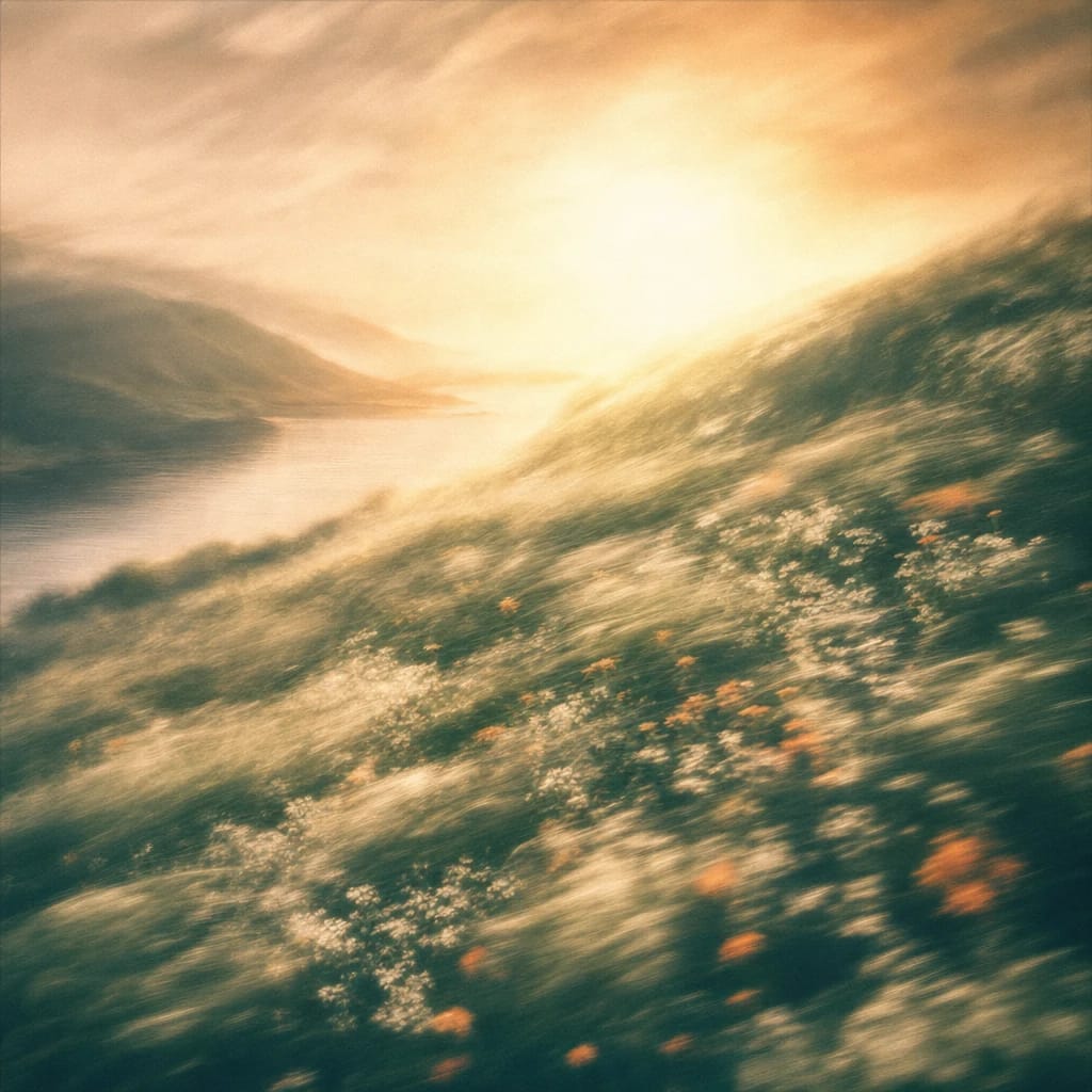 Stylized scene featuring a sun-dappled hillside covered in wildflowers with soft, curling grass, glowing in the golden hour, rendered in deep forest green, off-white, and warm orange