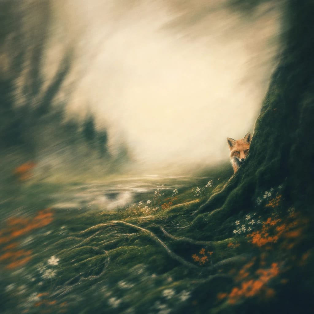 Stylized scene featuring a moss-carpeted woodland floor with tangled roots and a sly fox peering from behind a dark, leaning tree, rendered in deep forest green, off-white, and warm orange