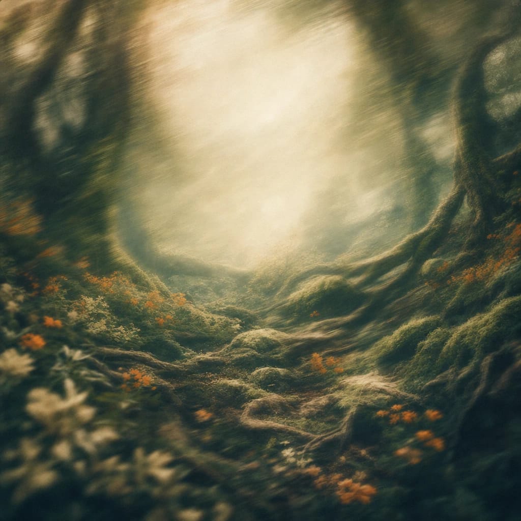 Stylized scene featuring an ancient forest floor with mossy stones and thick tree roots winding across rich soil, rendered in deep forest green, off-white, and warm orange