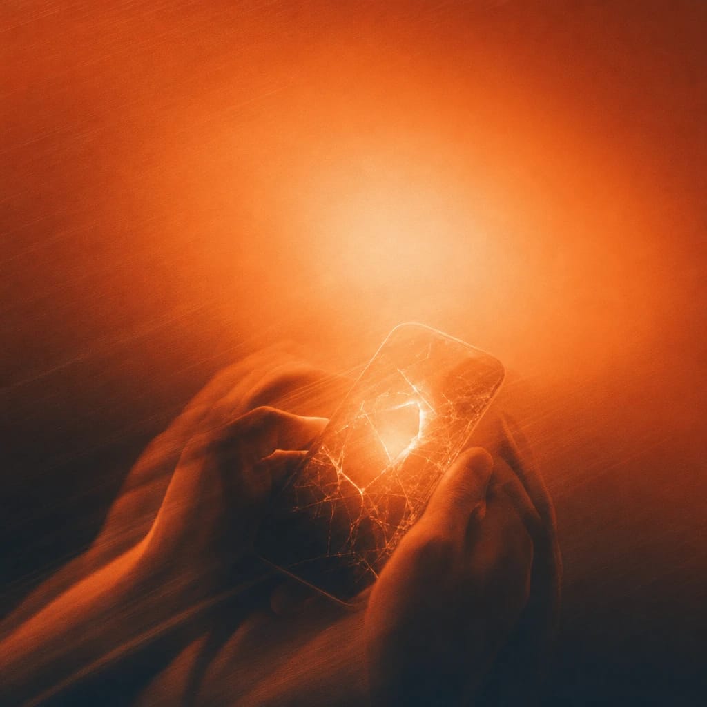 Stylized scene featuring close-up of hands holding a cracked smartphone with vivid notification glow, rendered in burnt orange #C94A18