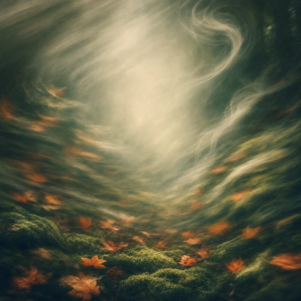 Stylized scene featuring rising wisps of smoke swirling above mossy forest floor with scattered orange autumn leaves, rendered in deep forest green, off-white, and warm orange