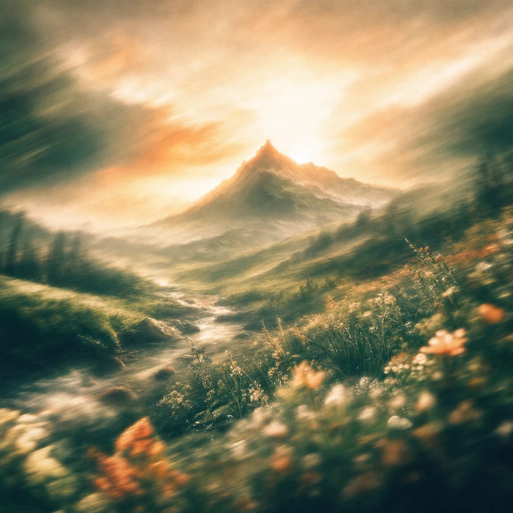 Stylized scene featuring a sunrise-lit mountain peak above a lush, dew-covered valley with wildflowers in bloom, rendered in deep forest green, off-white, and warm orange