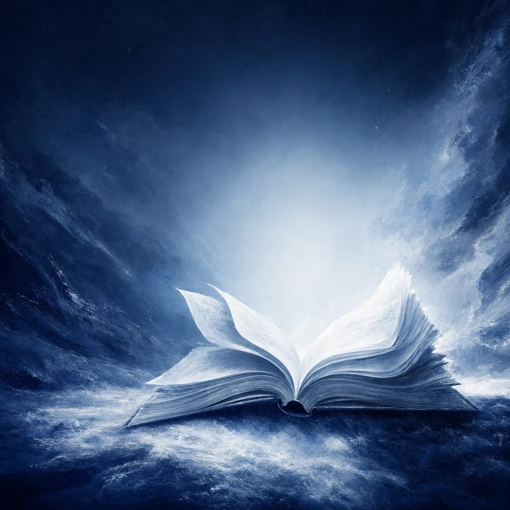 Stylized scene featuring open book with gentle flowing pages, rendered in #DFE8F3 and #020A2F