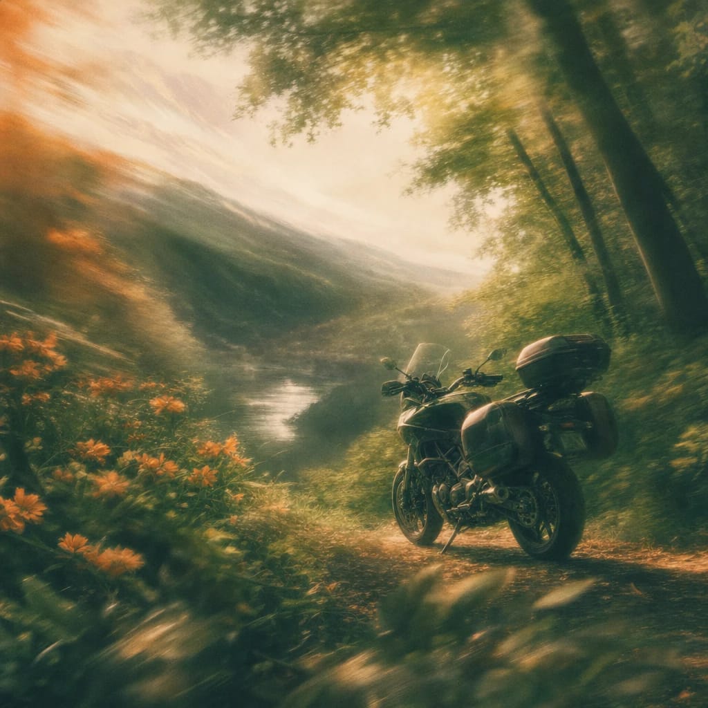 Stylized scene featuring a sleek touring motorcycle parked on a sun-dappled forest trail with lush undergrowth and filtered light streaming through the trees, rendered in deep forest green, off-white, and warm orange