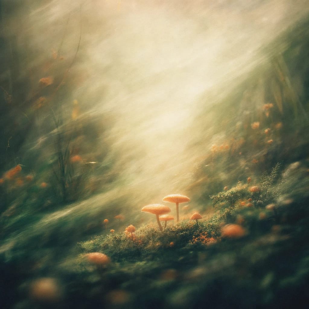 Stylized scene featuring a close-up of soft moss and early spring mushrooms on damp forest floor, with a gentle mist rising, rendered in deep forest green, off-white, and warm orange