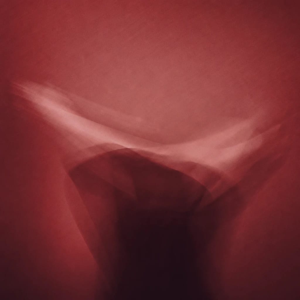 Stylized scene featuring crossed arms of a youthful figure, turned away, shoulder level view, rendered in burgundy #7A1F2B
