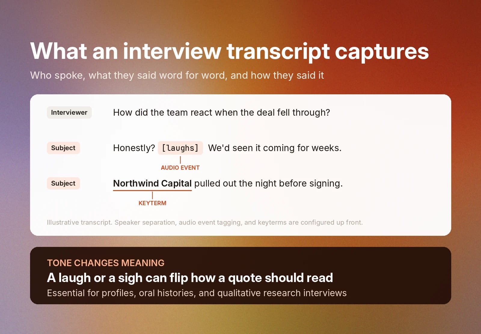 Interview transcript example showing speaker labels, laughter, audio events, and key terms.