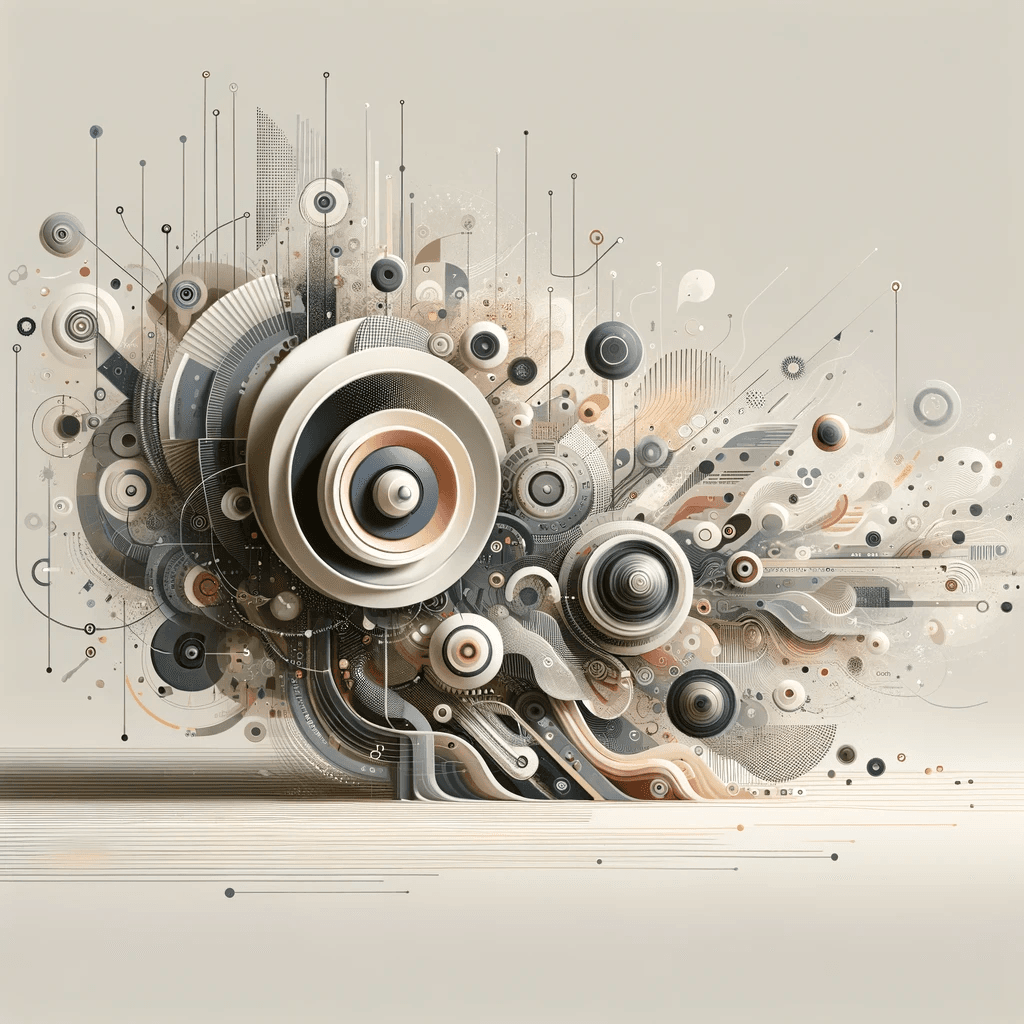 Abstract digital artwork of interconnected gears, circles, and lines in neutral tones.
