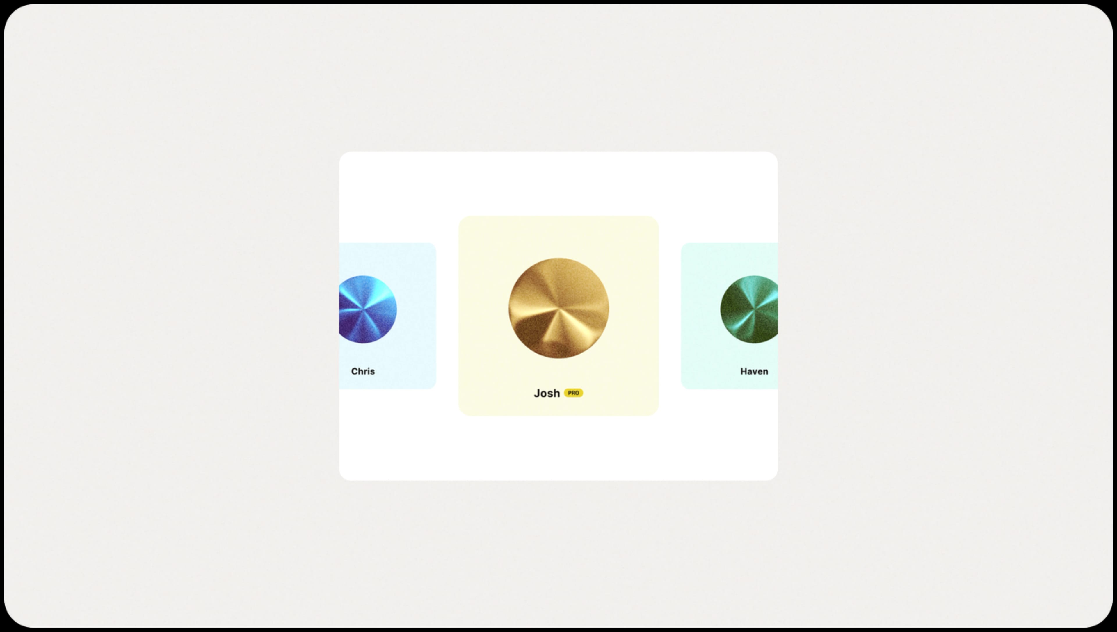 A voice selection interface showing a carousel of distinct, named voices, with pro voices visually differentiated from standard ones.