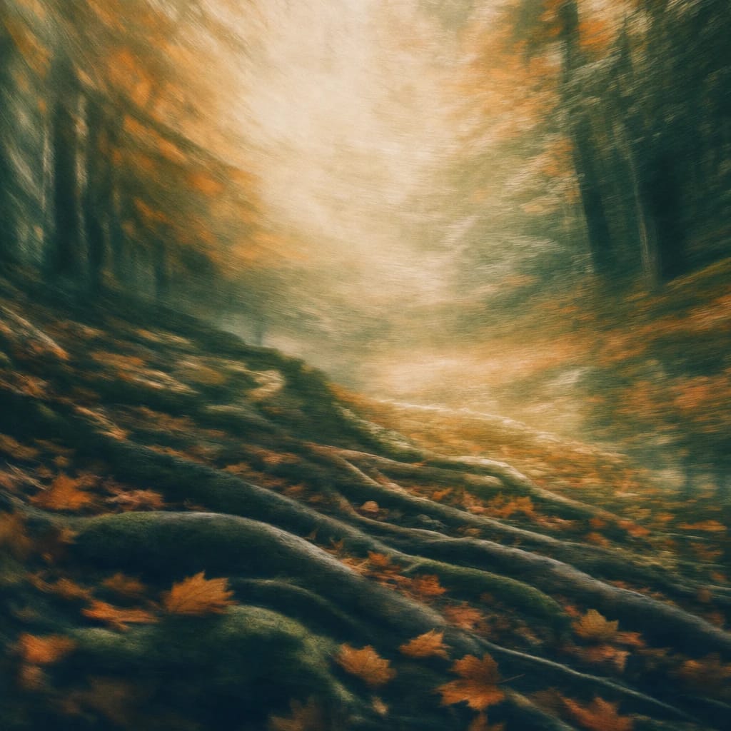 Stylized scene featuring sunlit forest floor with twisted, exposed roots and scattered autumn leaves, rendered in deep forest green, off-white, and warm orange