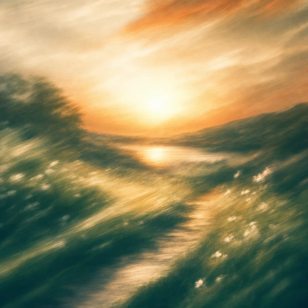Stylized scene featuring a sunlit open meadow with a path winding between tall grasses and wildflowers, gently illuminated under a warm sky, rendered in deep forest green, off-white, and warm orange