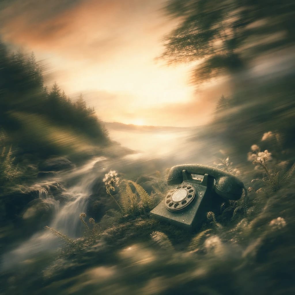 Stylized scene featuring a classic rotary telephone resting among dew-covered ferns under a dawn-lit canopy, rendered in deep forest green, off-white, and warm orange